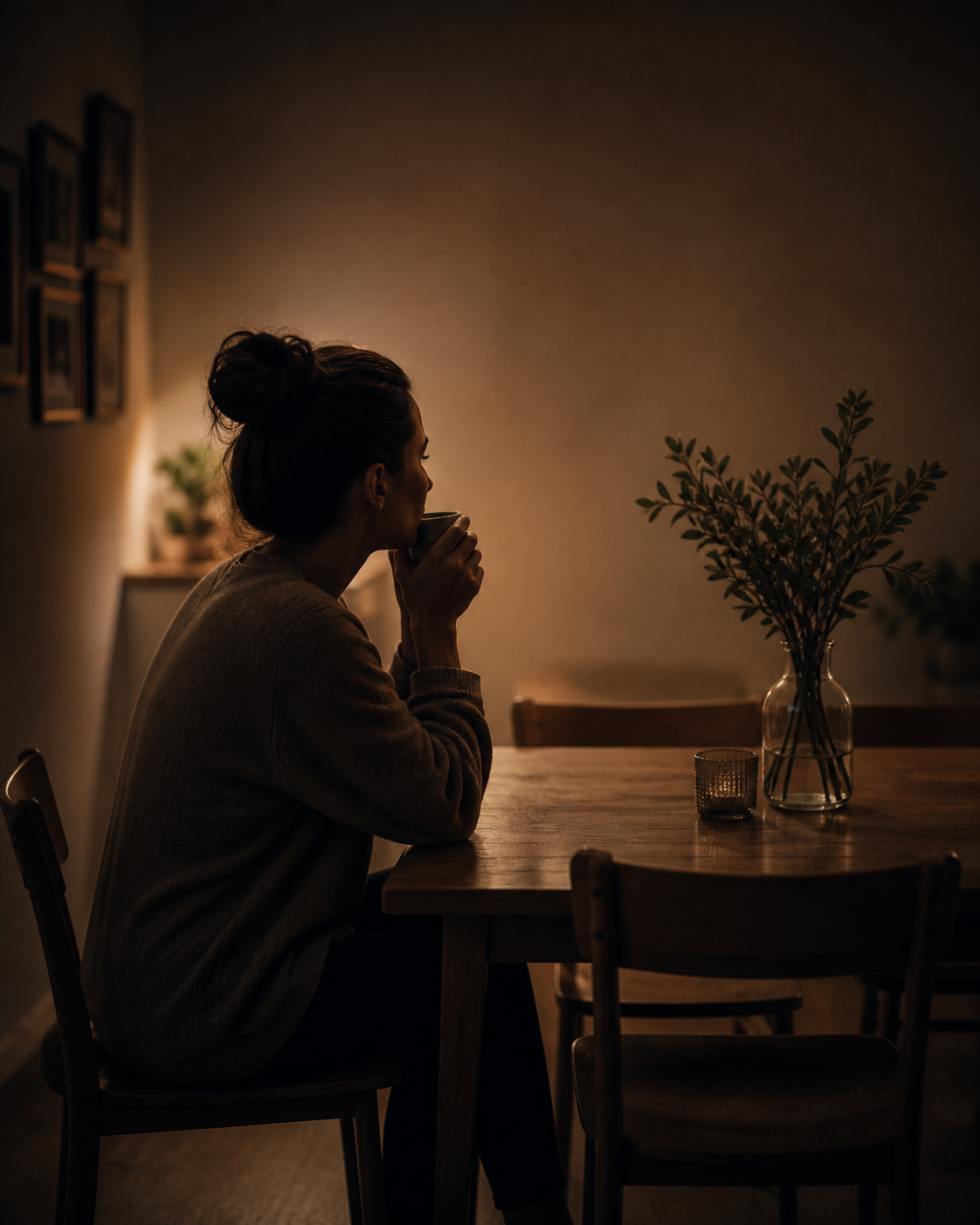 Frau sitzt allein am Tisch in warmer Abendstimmung